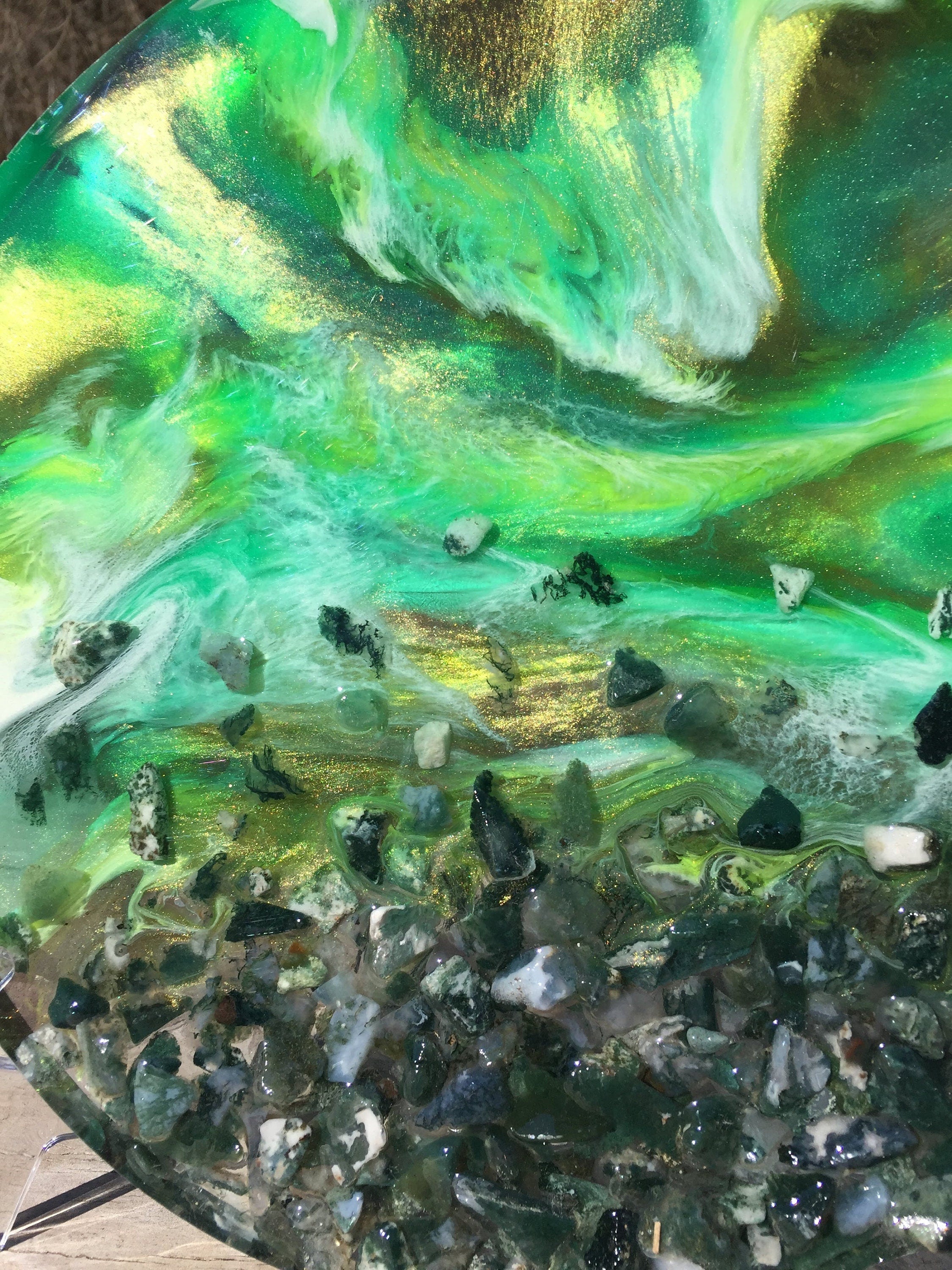 3D Moss Agate Resin Geode Art, Green resin Agate slice