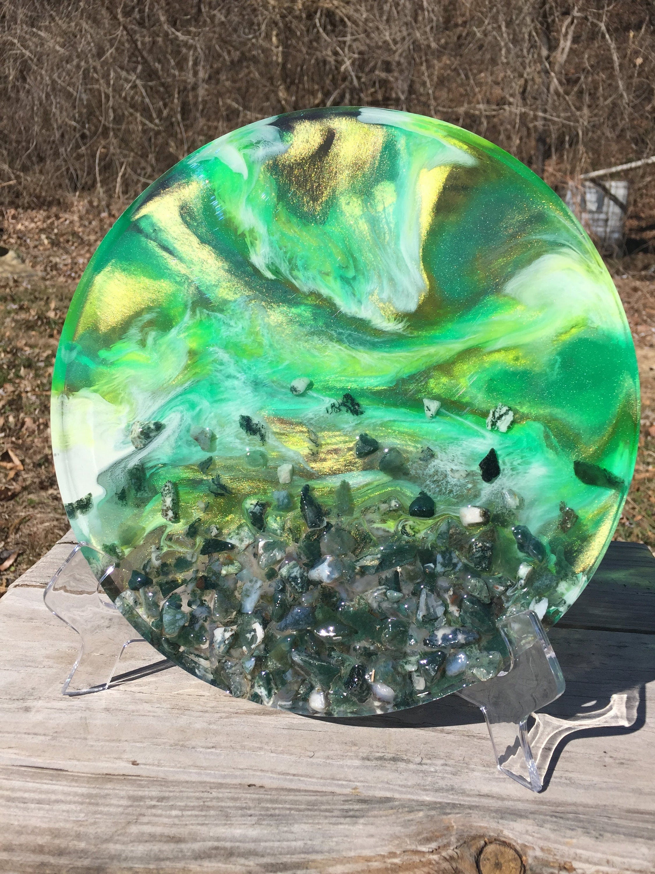 3D Moss Agate Resin Geode Art, Green resin Agate slice