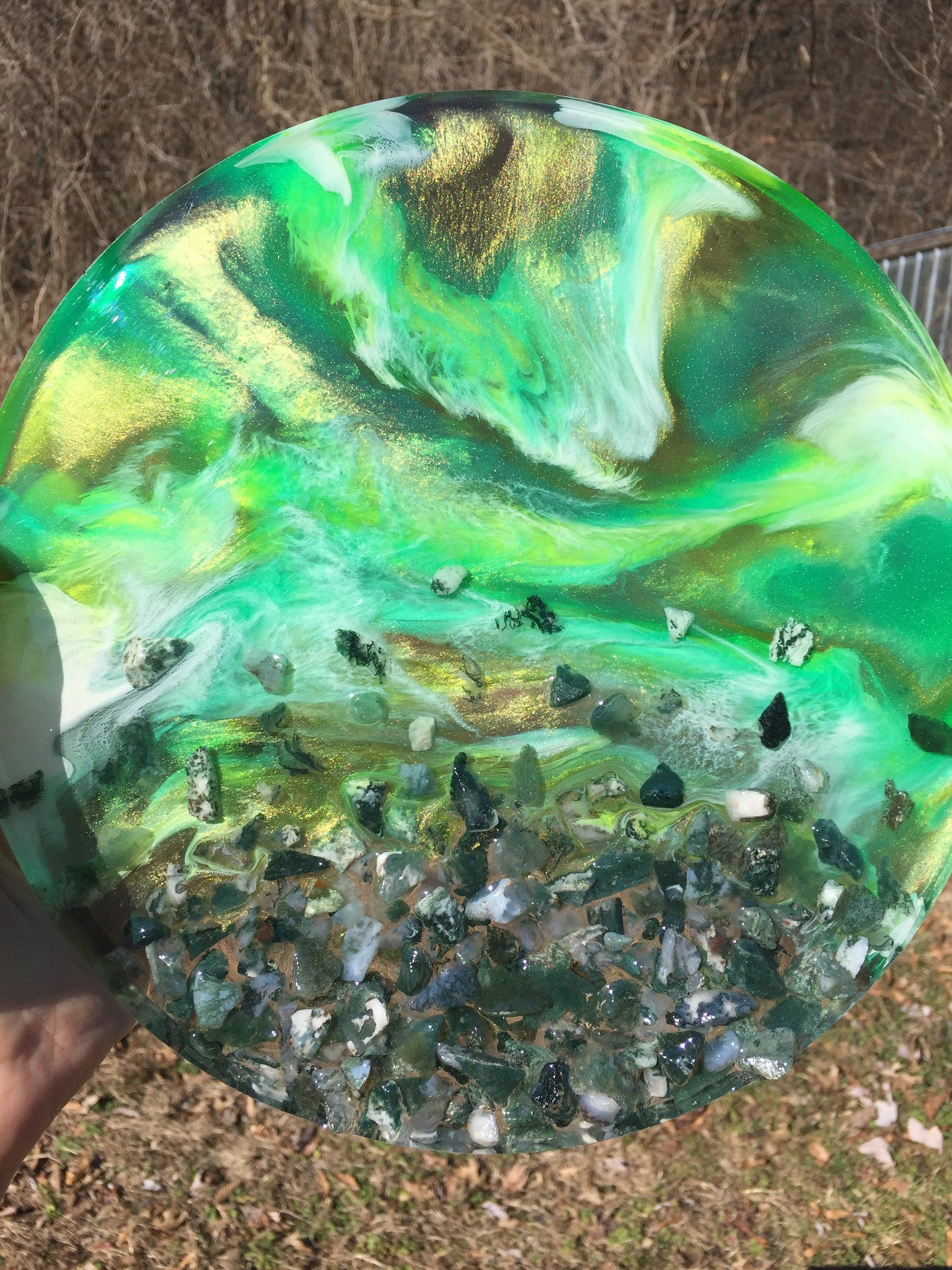 3D Moss Agate Resin Geode Art, Green resin Agate slice