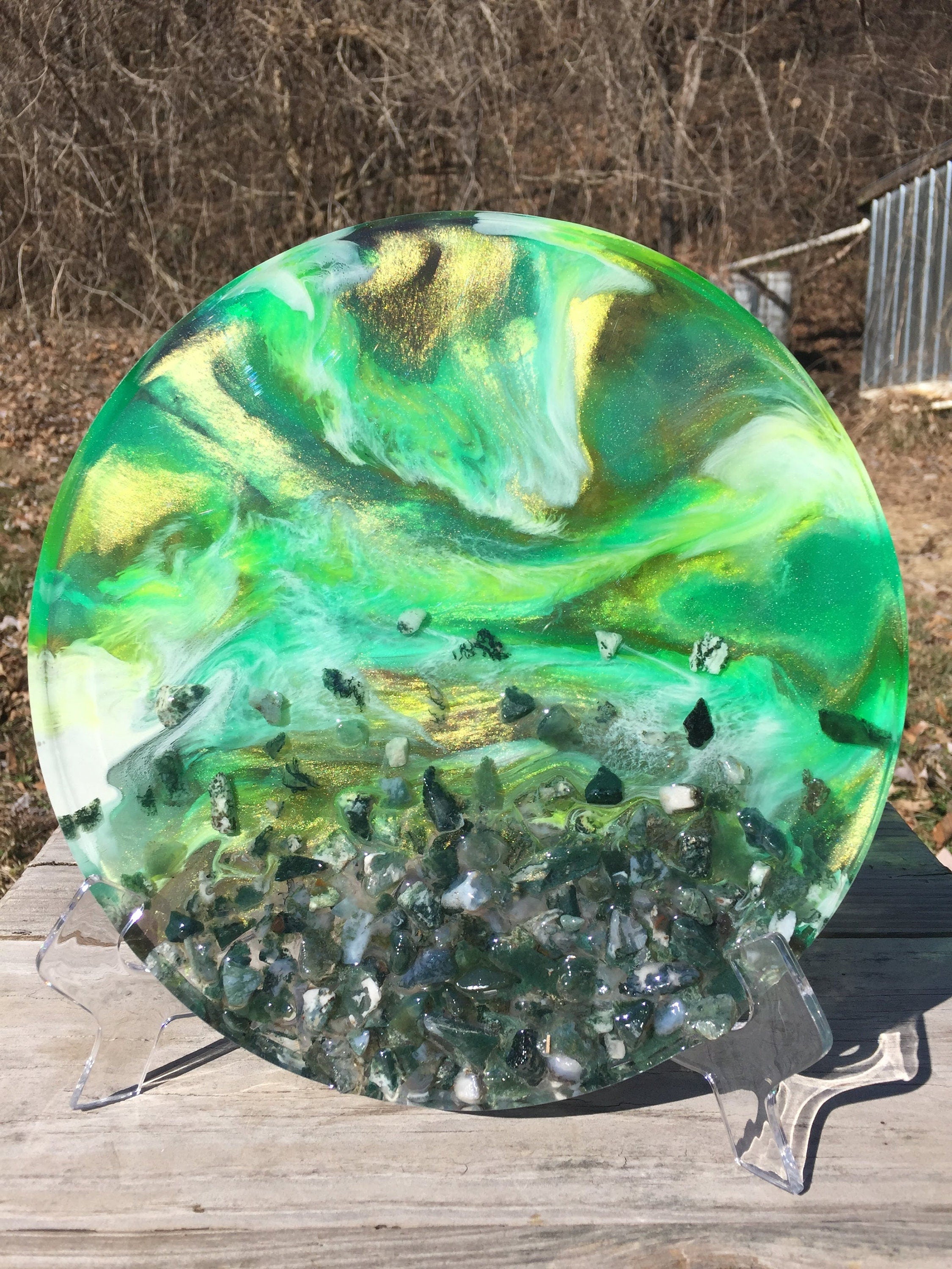 3D Moss Agate Resin Geode Art, Green resin Agate slice