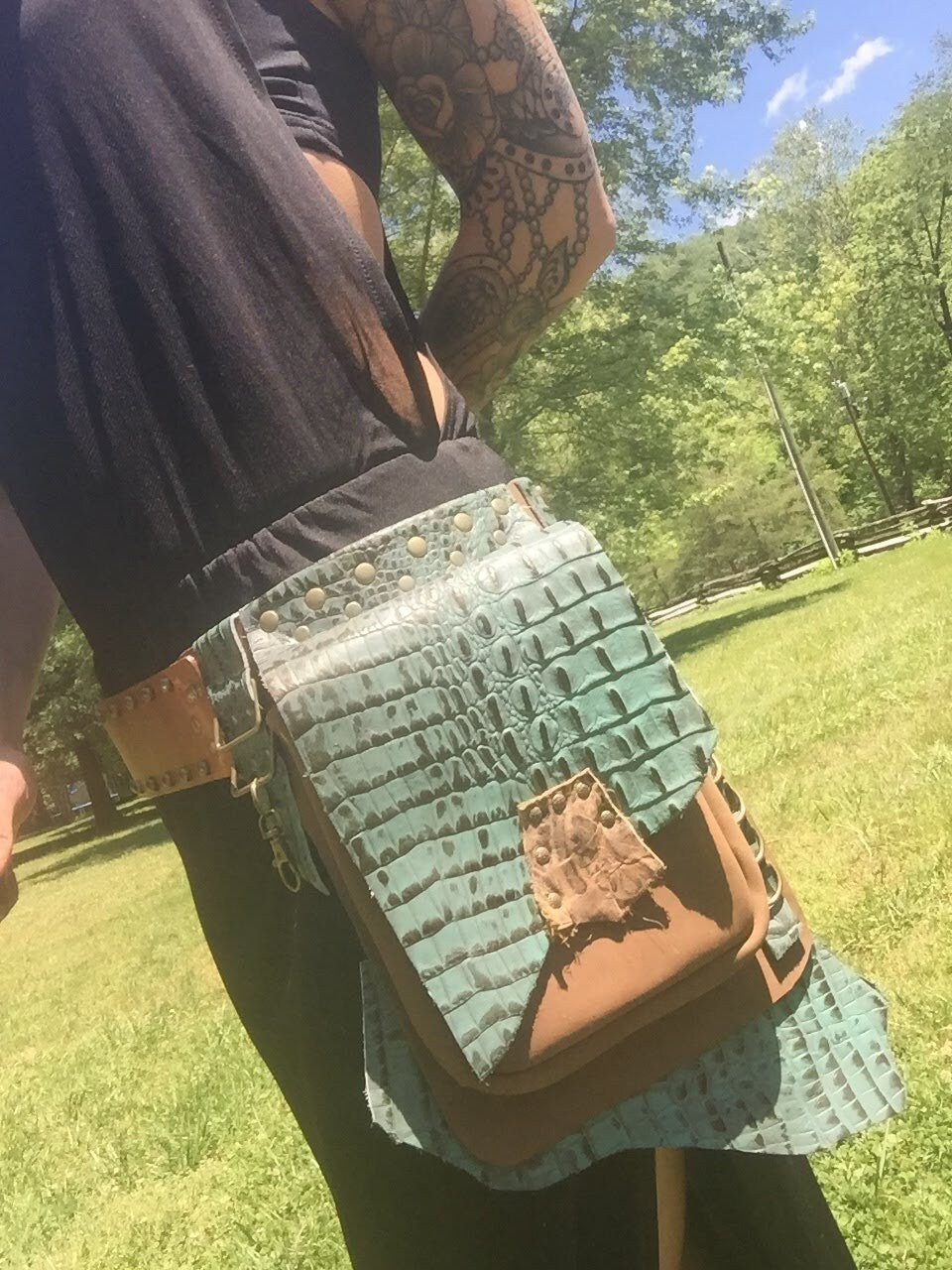 Artisan made Brown and Teal leather hip bag, perfect for any festival!