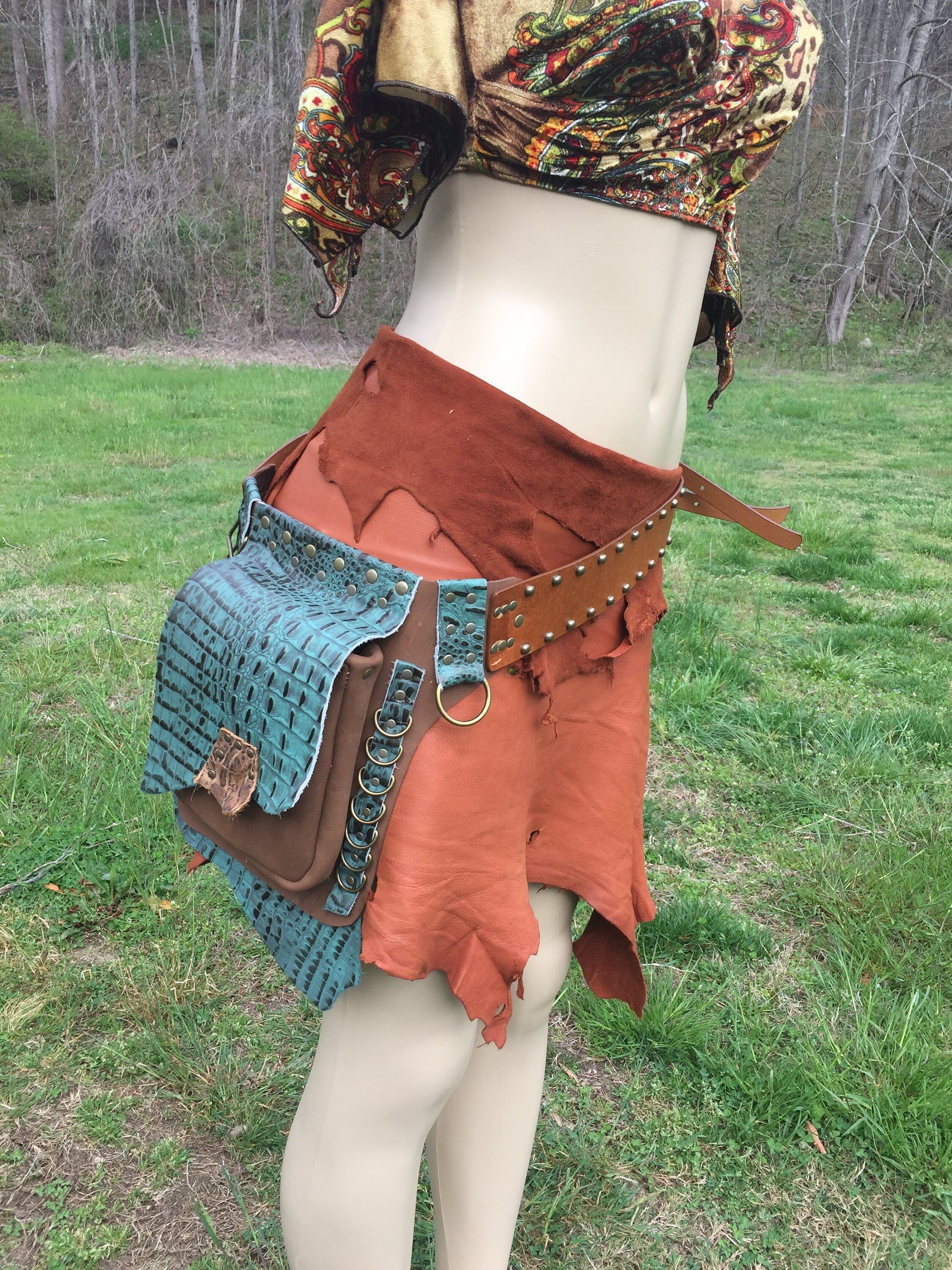 Artisan made Brown and Teal leather hip bag, perfect for any festival!