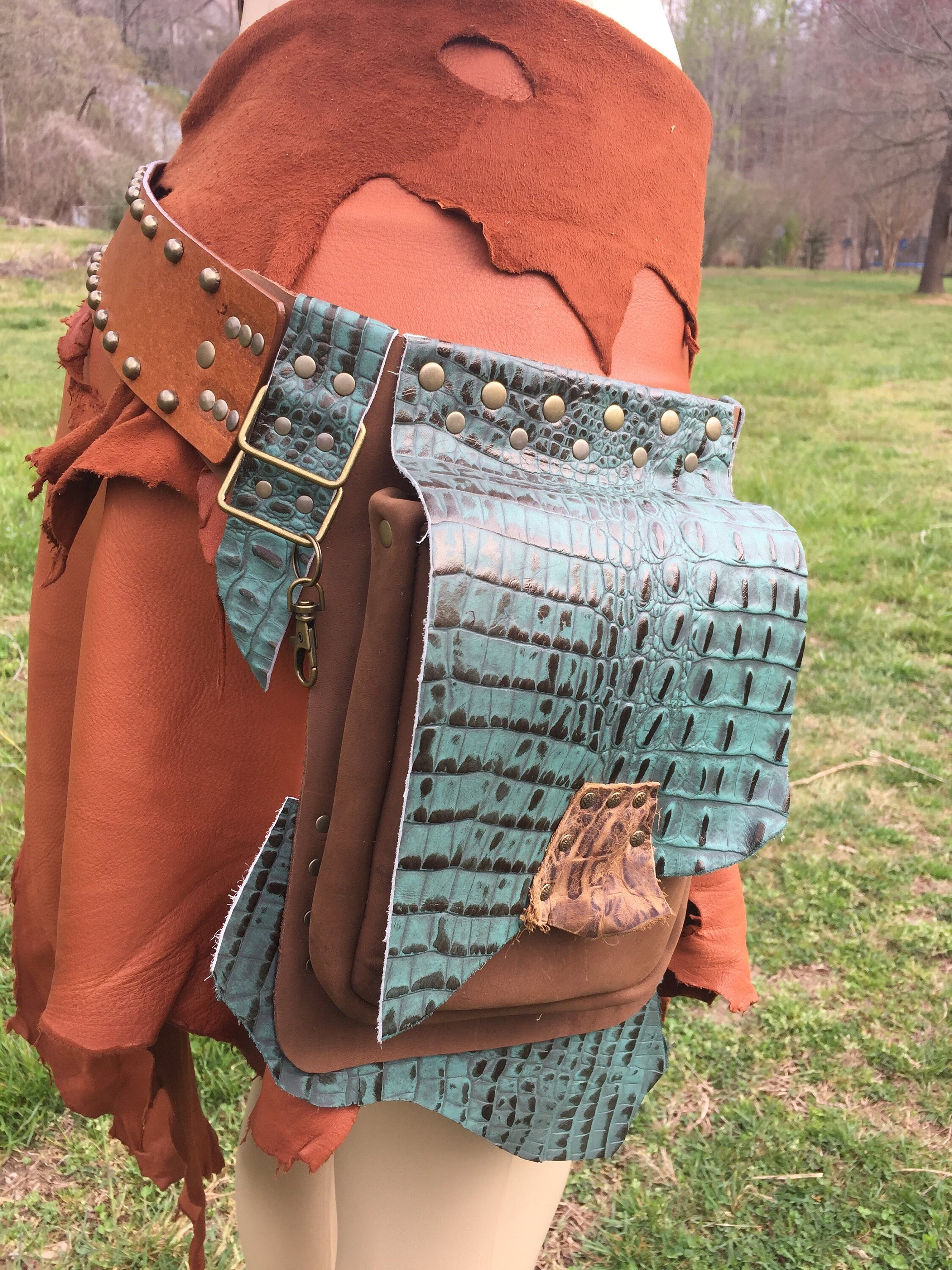 Artisan made Brown and Teal leather hip bag, perfect for any festival!