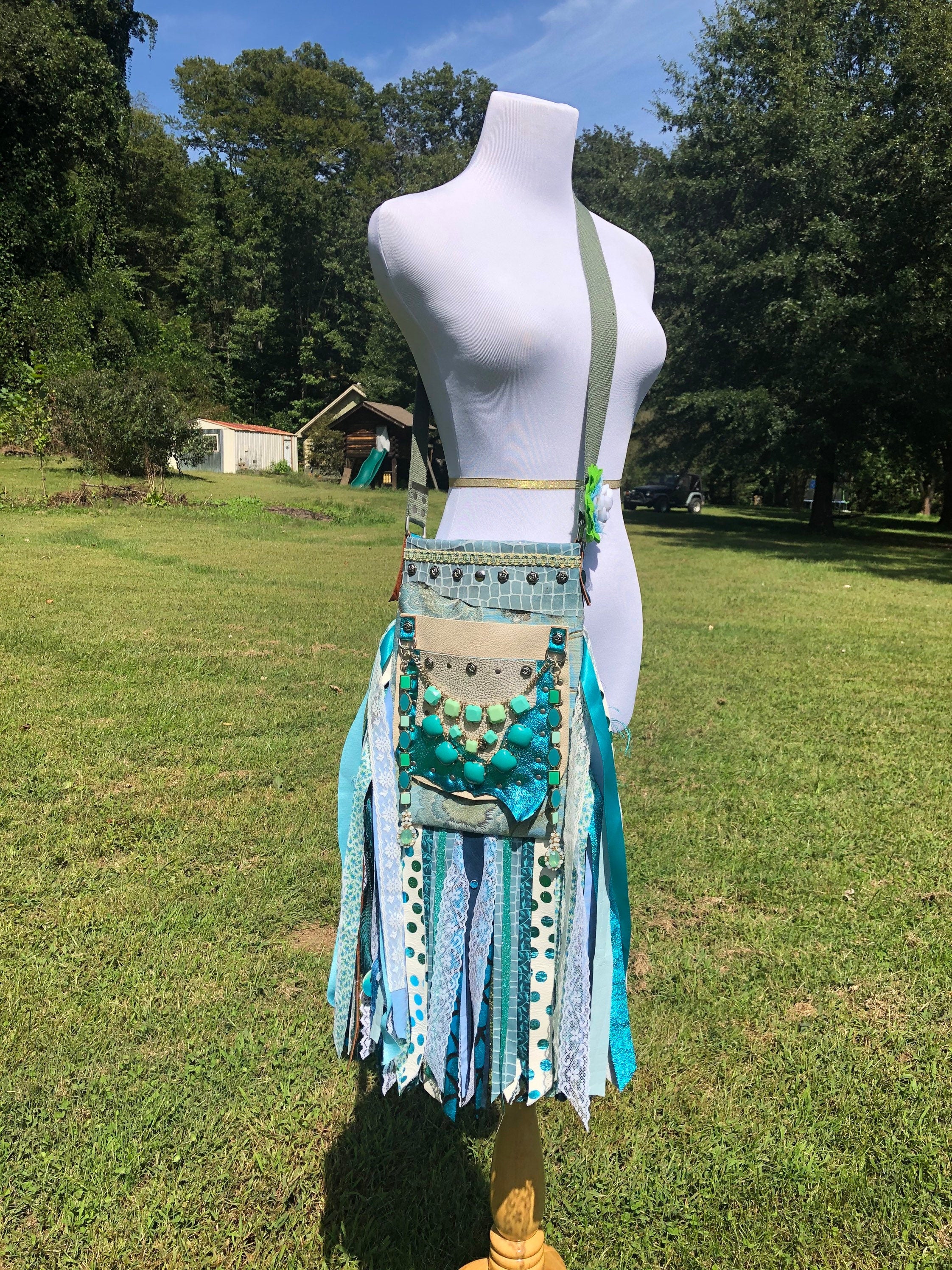 Aqua Water Goddess Purse, Ultimate GYPSY Purse, Festival Fringe Bag, Hippie Handbag, Boho Chic bag, Carpet Bag, Crossbody Messenger Bag