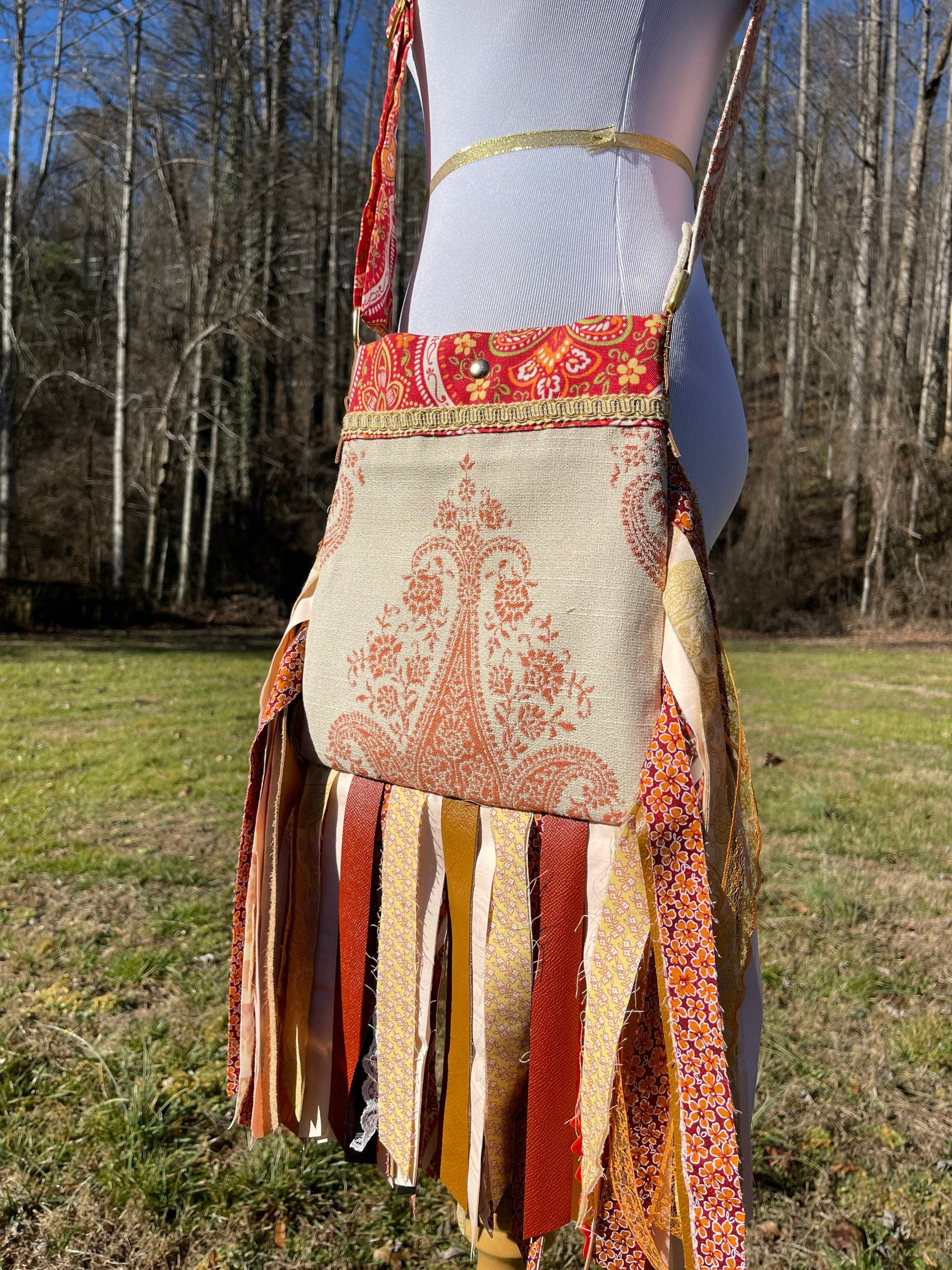 Adjustable Orange and Beige Fringe Purse, Festival Fringe Bag, Hippie Style Shoulder Bag, Crossbody Boho Purse