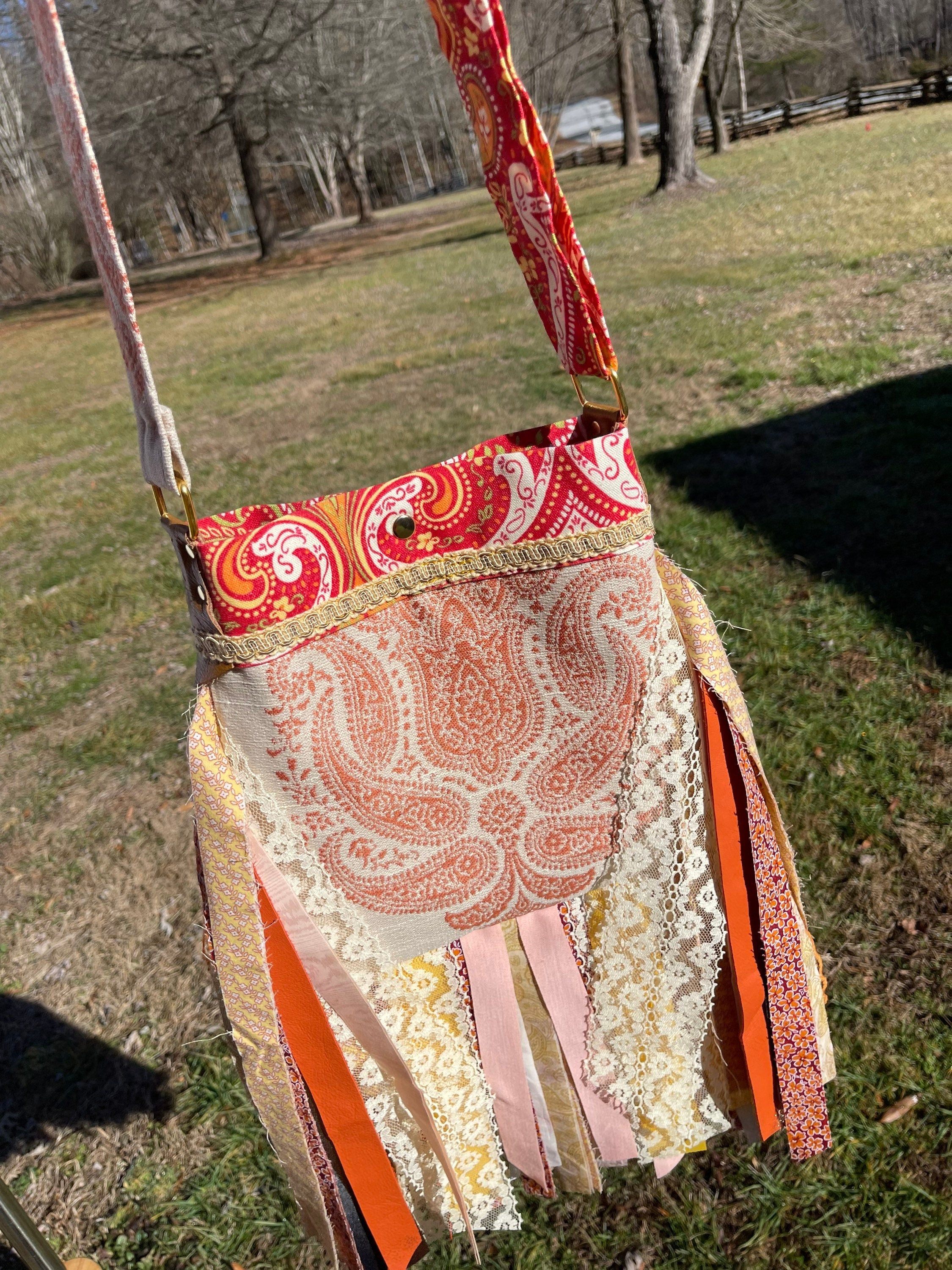 Adjustable Orange and Beige Fringe Purse, Festival Fringe Bag, Hippie Style Shoulder Bag, Crossbody Boho Purse