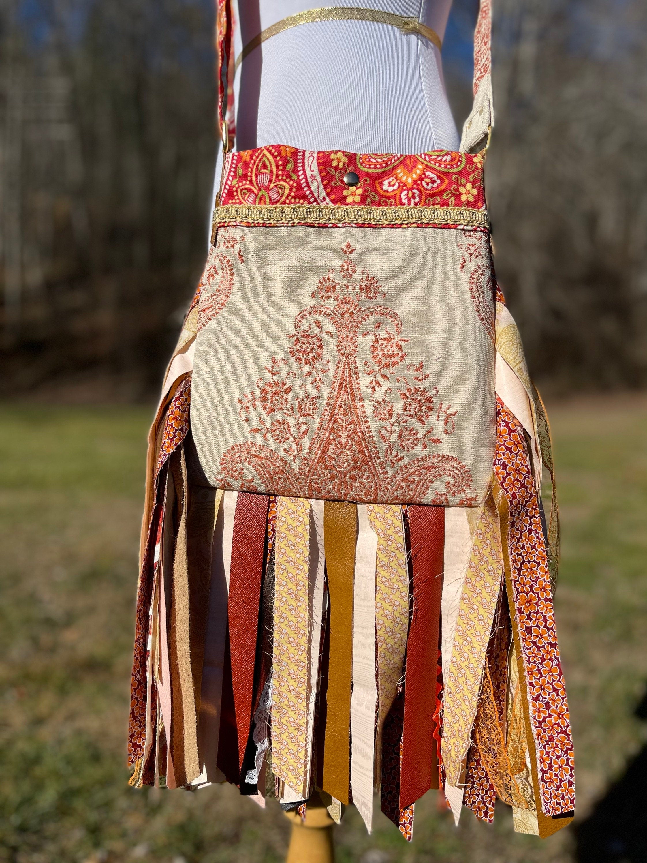 Adjustable Orange and Beige Fringe Purse, Festival Fringe Bag, Hippie Style Shoulder Bag, Crossbody Boho Purse