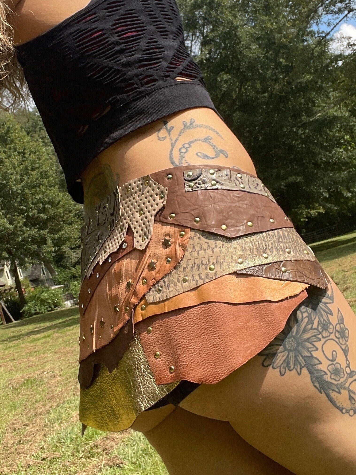 ANJEA, Steampunk Belt - Channel your inner warrior with this Golden Brown Leather Patchwork Skirt - Perfect for Viking Costumes