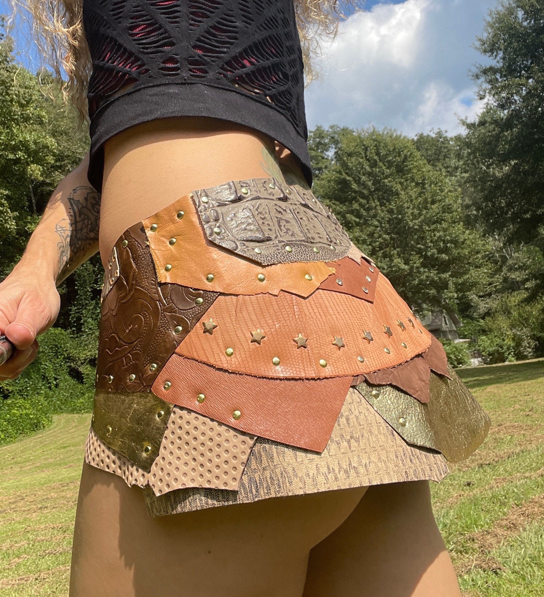 ANJEA, Steampunk Belt - Channel your inner warrior with this Golden Brown Leather Patchwork Skirt - Perfect for Viking Costumes
