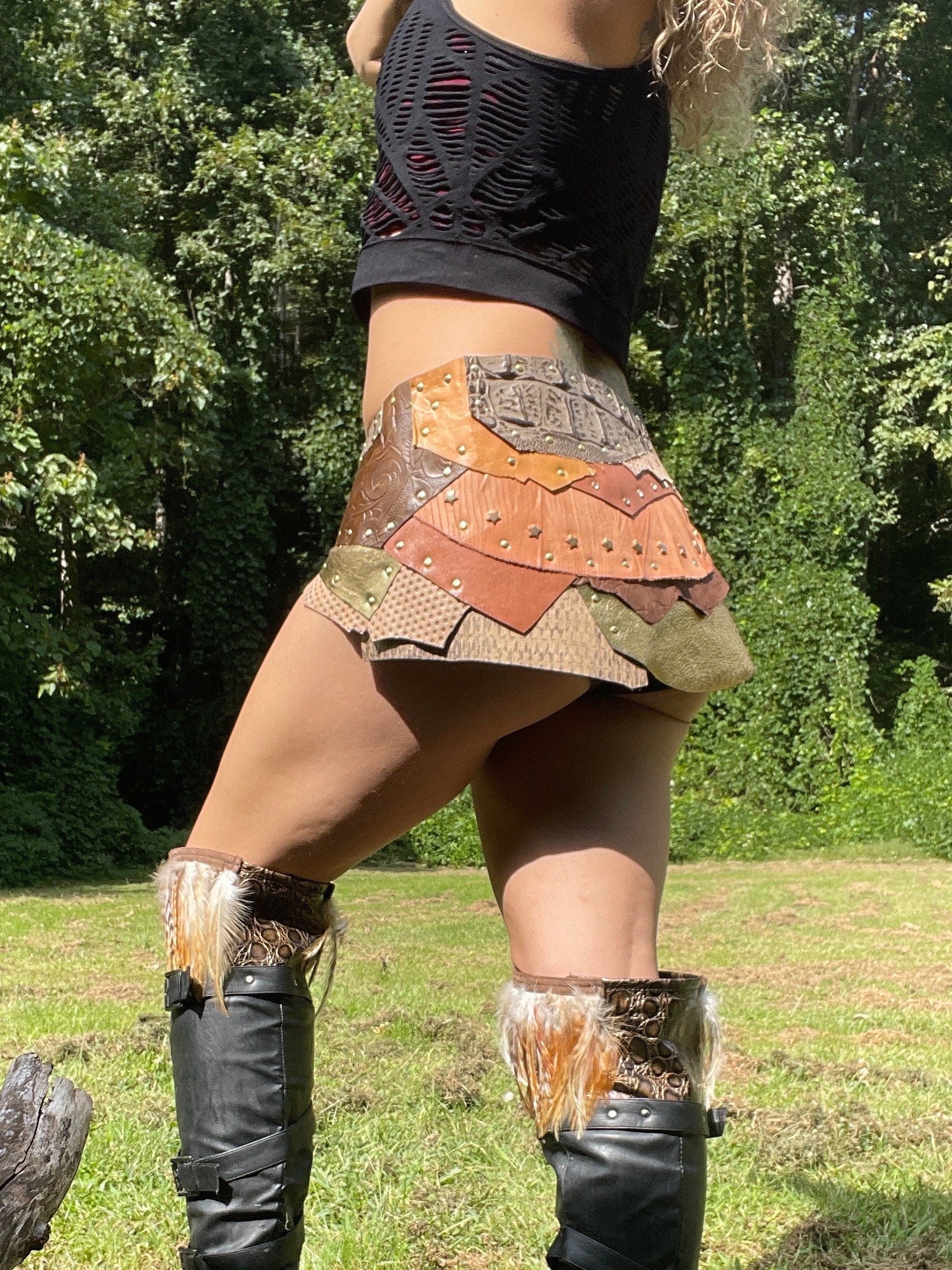 ANJEA, Steampunk Belt - Channel your inner warrior with this Golden Brown Leather Patchwork Skirt - Perfect for Viking Costumes