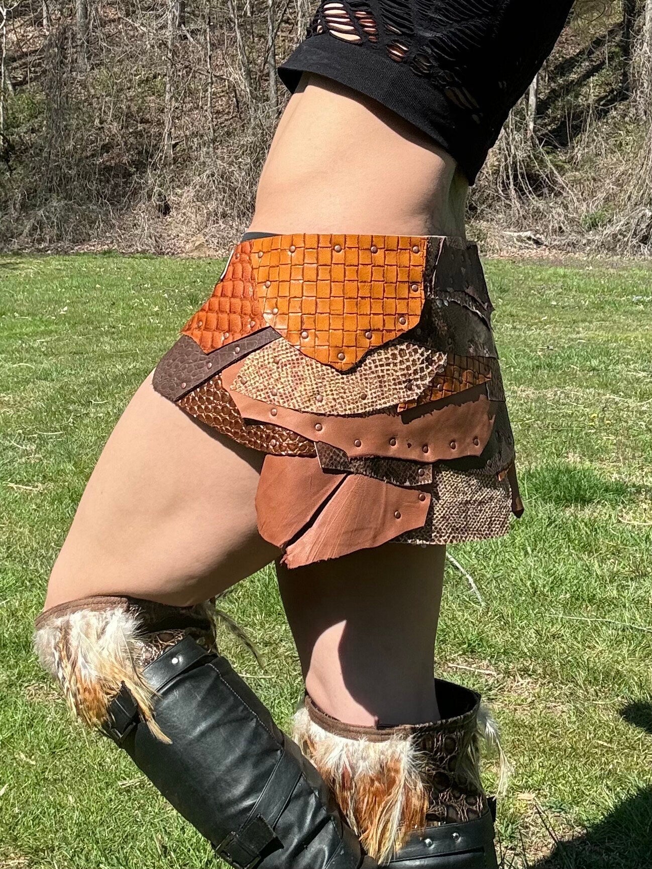 CHIRON RISING- Steampunk Belt - Channel your inner warrior with this Golden Brown Leather Patchwork Skirt - Perfect for Viking Costumes