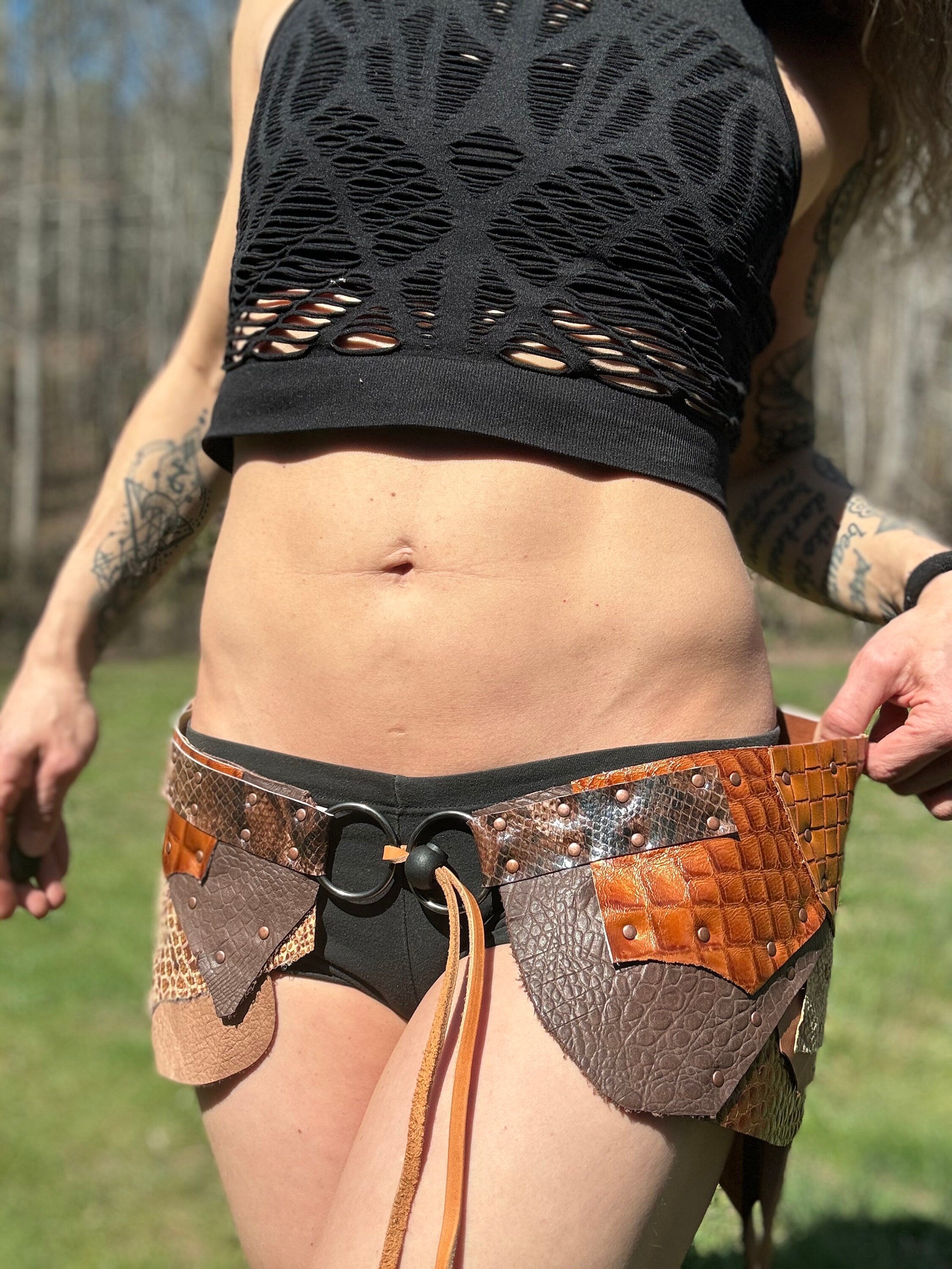 CHIRON RISING- Steampunk Belt - Channel your inner warrior with this Golden Brown Leather Patchwork Skirt - Perfect for Viking Costumes
