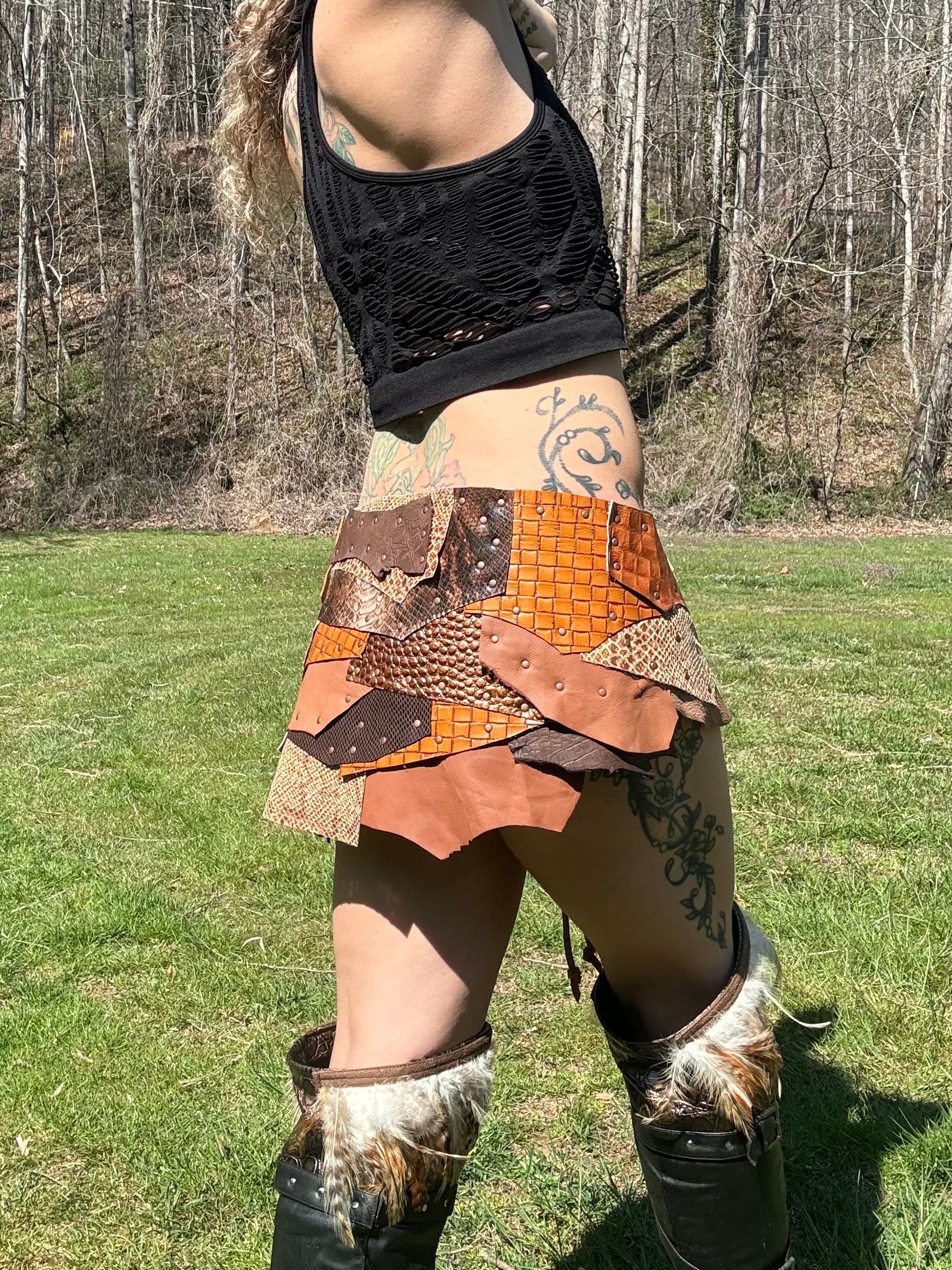 CHIRON RISING- Steampunk Belt - Channel your inner warrior with this Golden Brown Leather Patchwork Skirt - Perfect for Viking Costumes