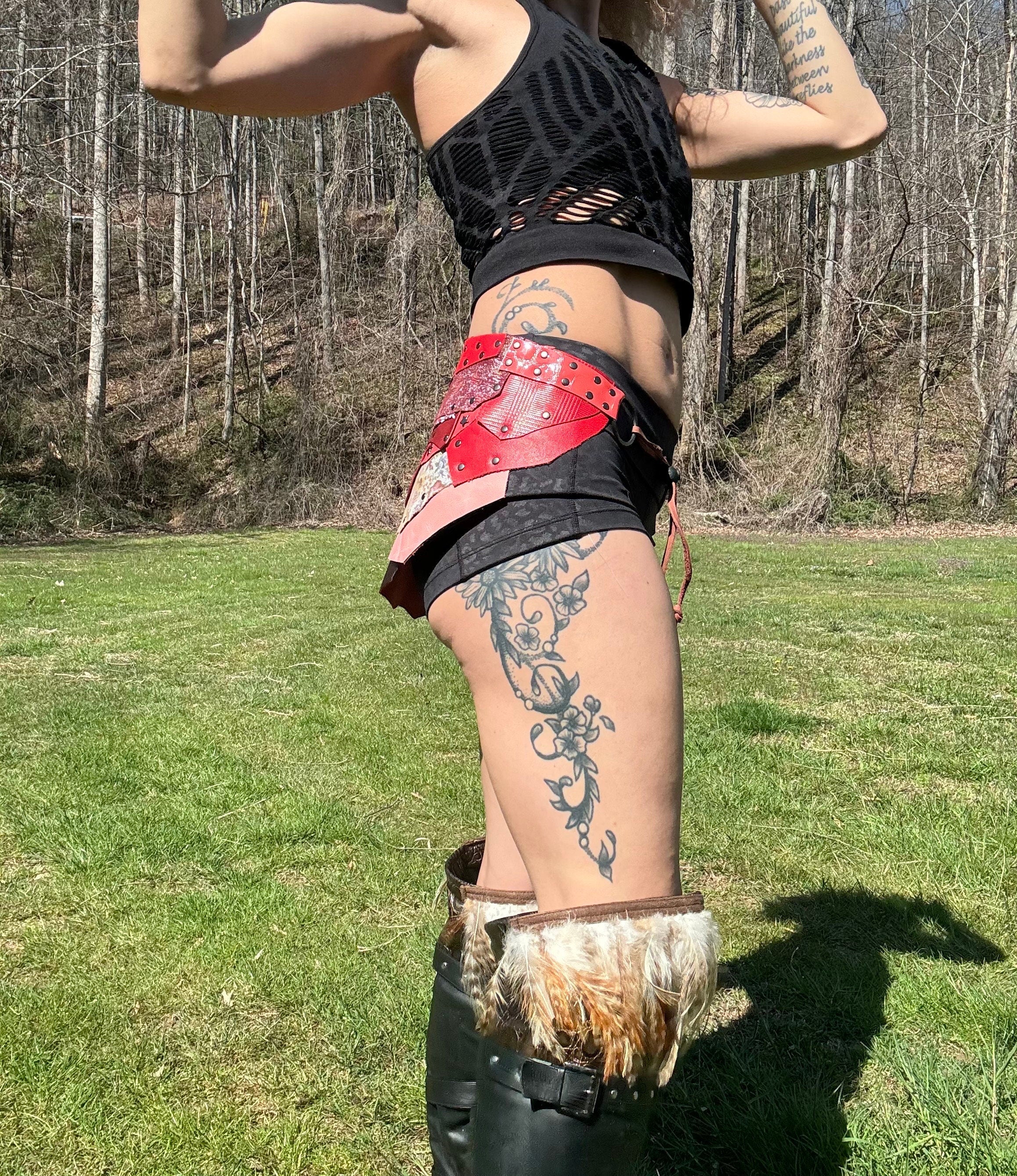 BLOSSOMS, Stand out with style! Vibrant Pink and Red Leather Rave Skirt for Burning Man and beyond