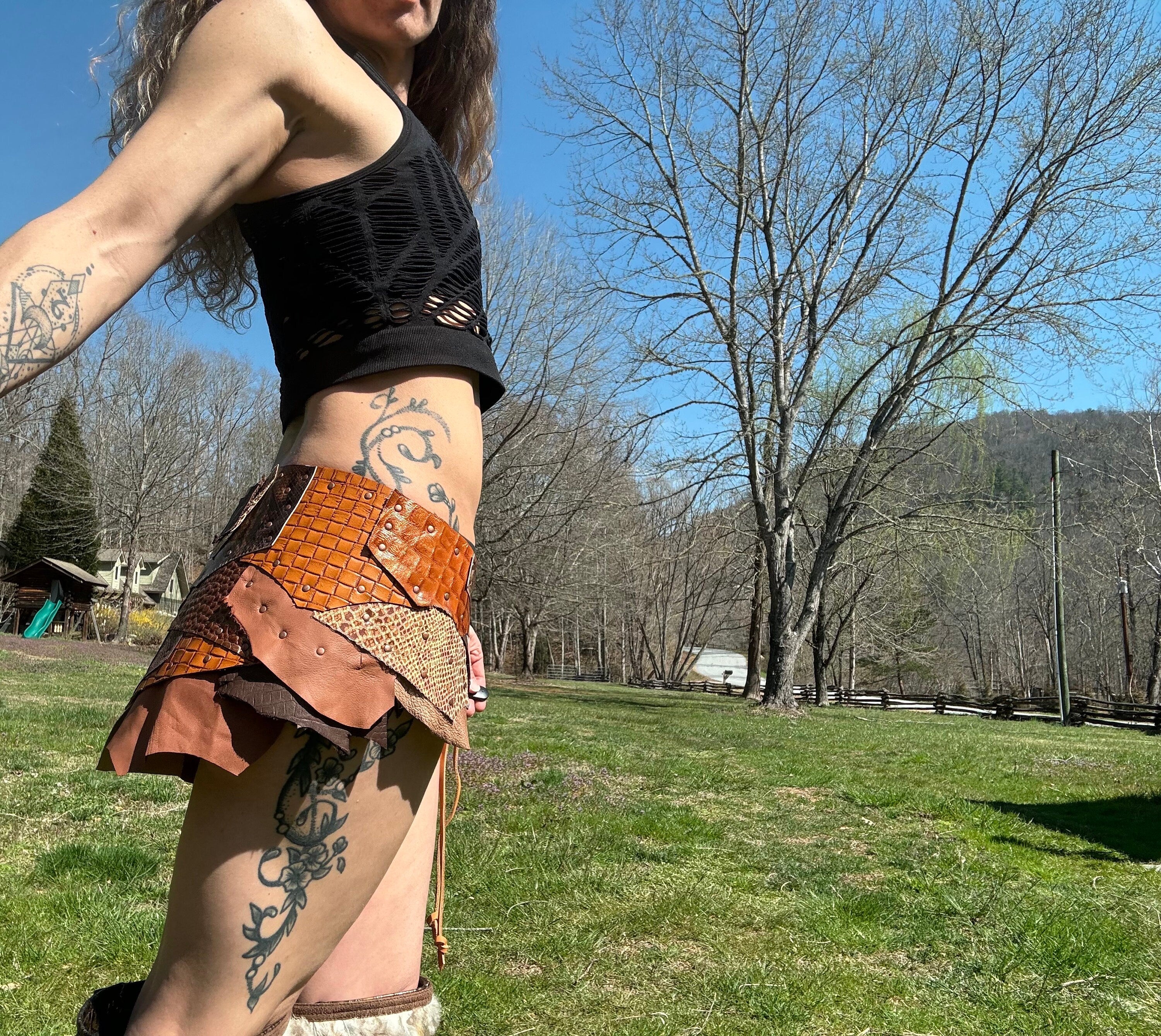 CHIRON RISING- Steampunk Belt - Channel your inner warrior with this Golden Brown Leather Patchwork Skirt - Perfect for Viking Costumes