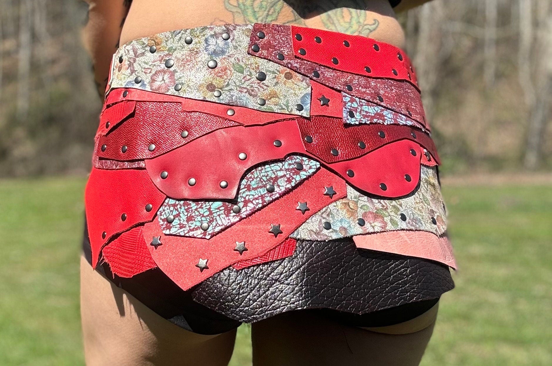 BLOSSOMS, Stand out with style! Vibrant Pink and Red Leather Rave Skirt for Burning Man and beyond