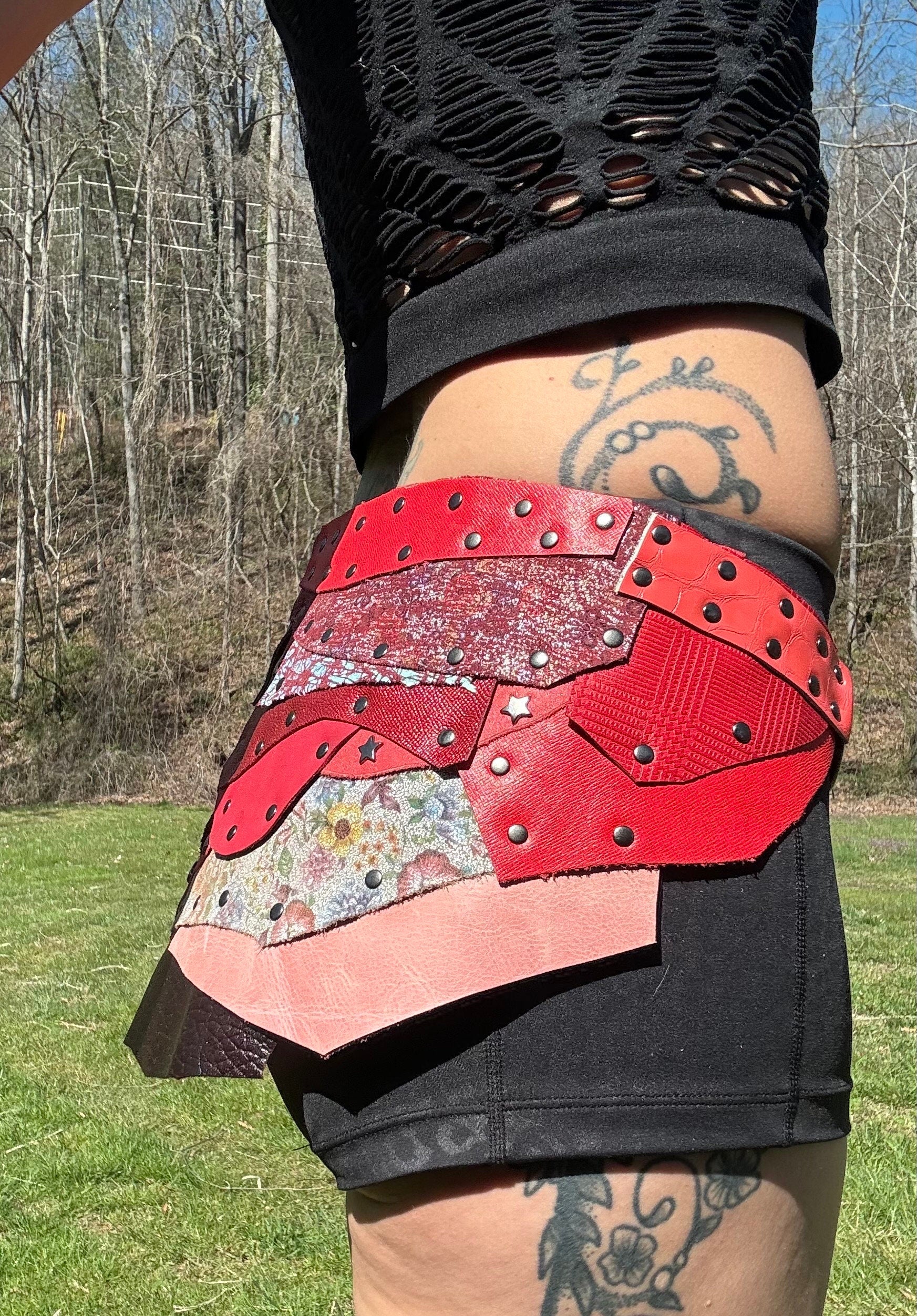 BLOSSOMS, Stand out with style! Vibrant Pink and Red Leather Rave Skirt for Burning Man and beyond