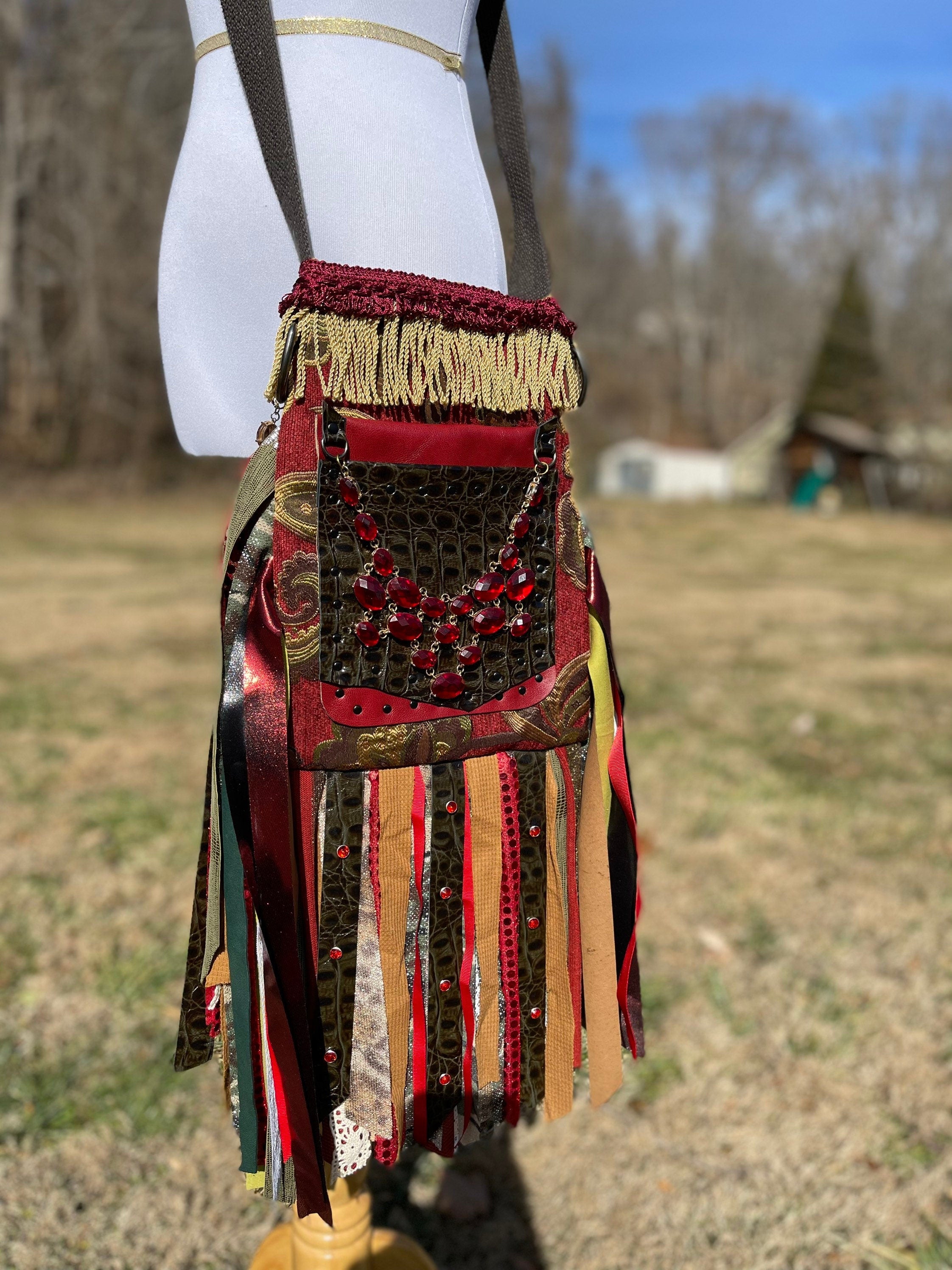 Red and Green Fringe Purse, Ultimate GYPSY Purse, Festival Fringe Bag, Hippie Handbag, Boho Chic Crossbody Messenger, Embellished purse