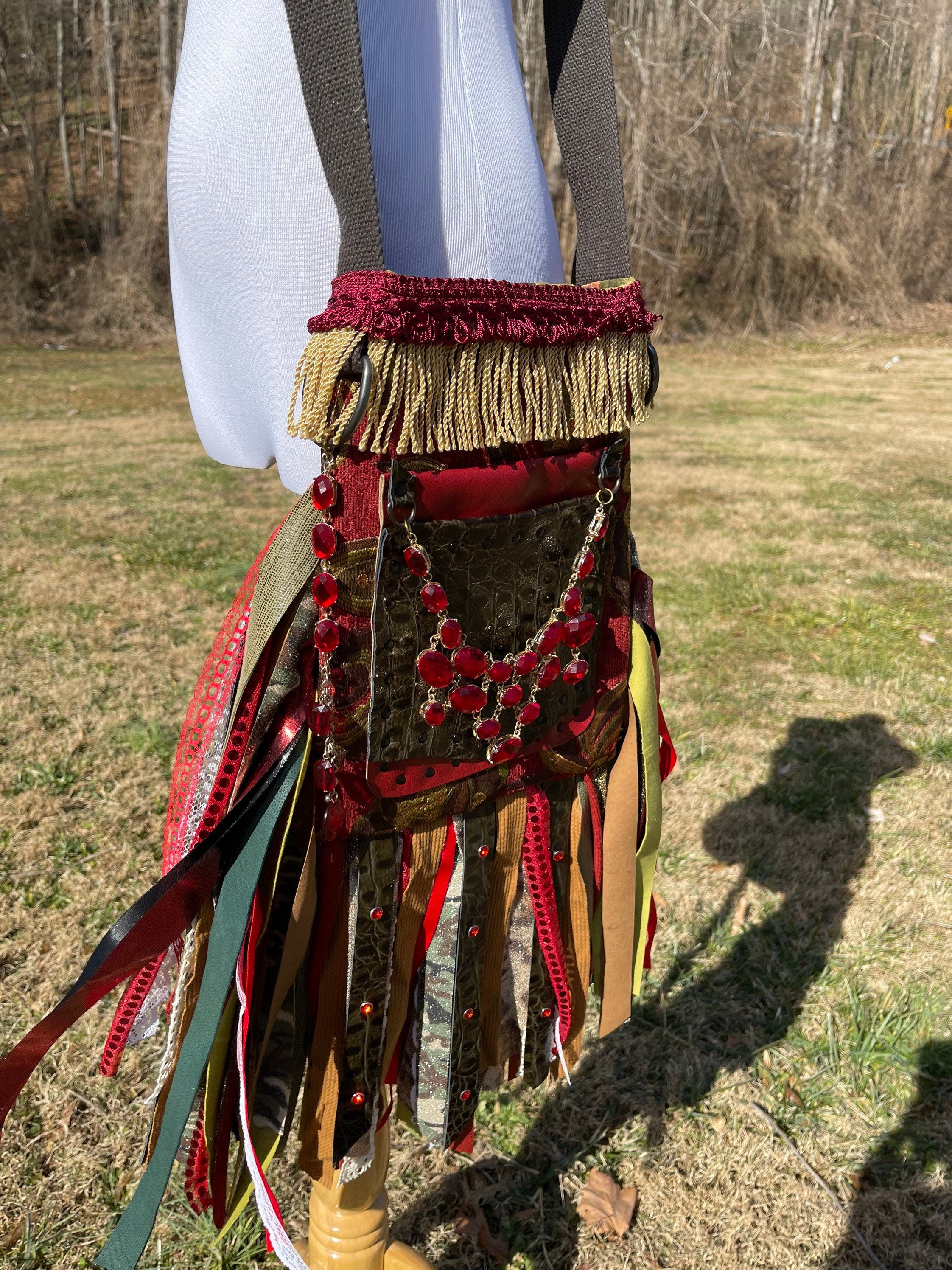 Red and Green Fringe Purse, Ultimate GYPSY Purse, Festival Fringe Bag, Hippie Handbag, Boho Chic Crossbody Messenger, Embellished purse