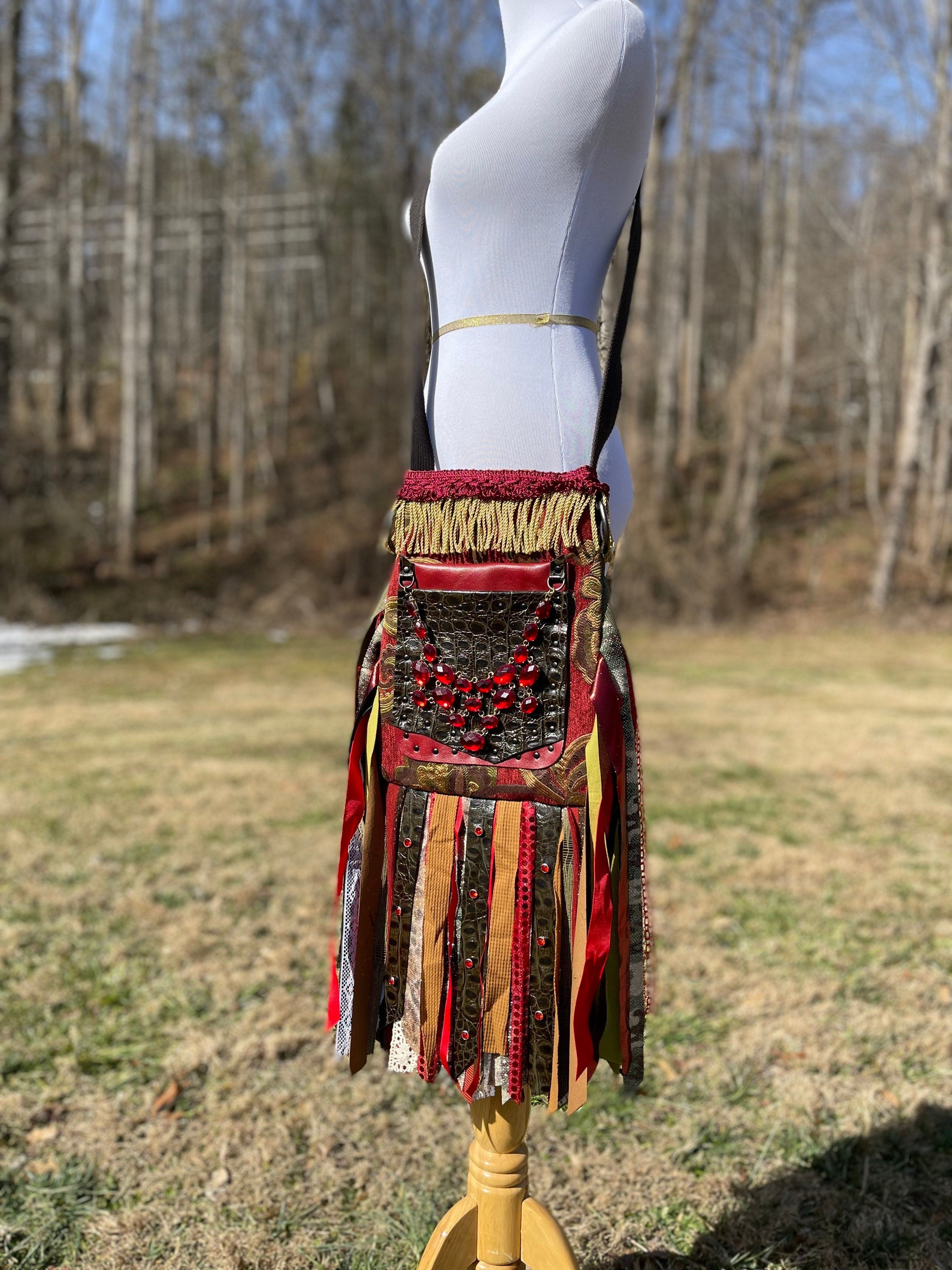 Red and Green Fringe Purse, Ultimate GYPSY Purse, Festival Fringe Bag, Hippie Handbag, Boho Chic Crossbody Messenger, Embellished purse