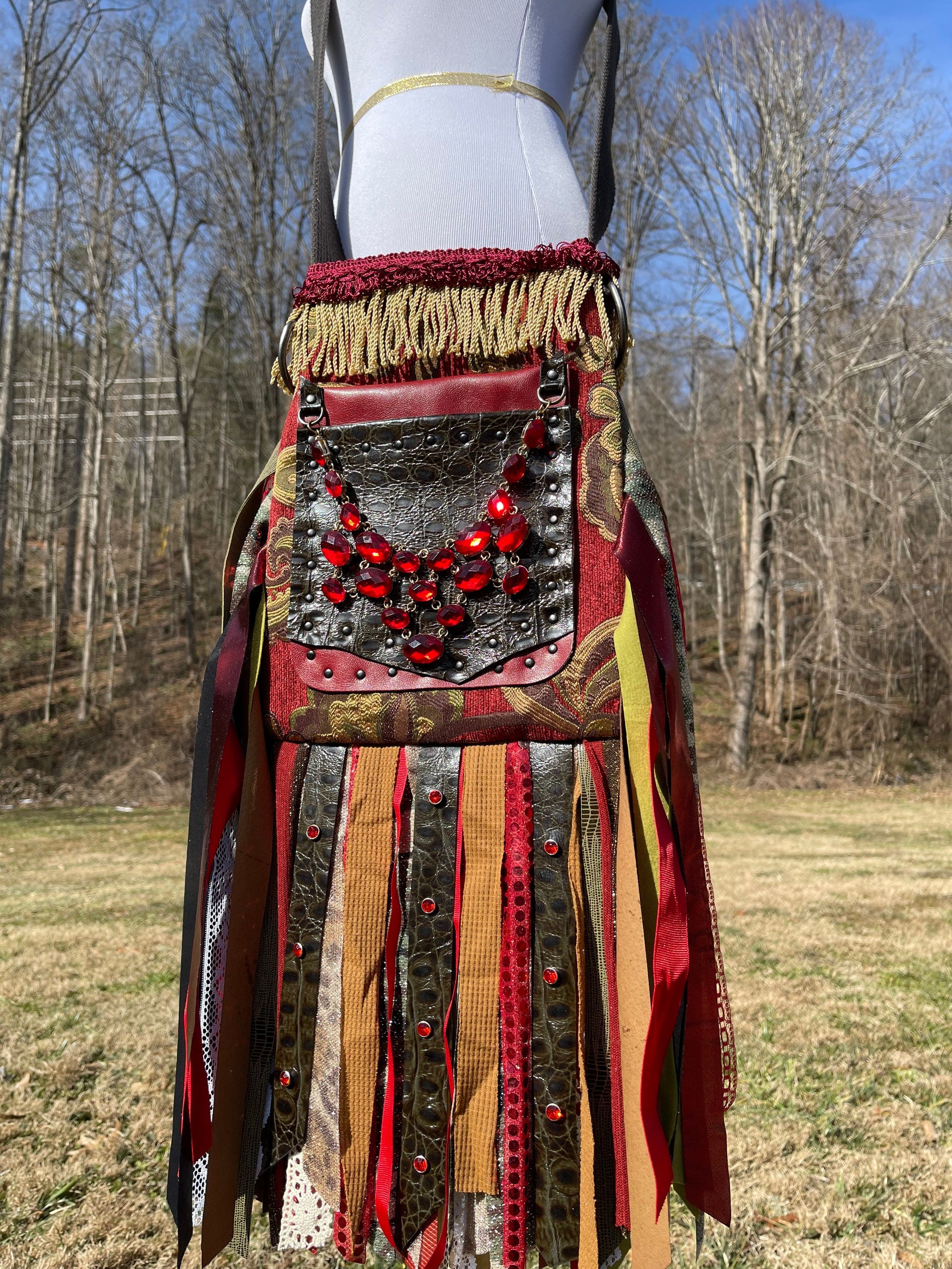 Red and Green Fringe Purse, Ultimate GYPSY Purse, Festival Fringe Bag, Hippie Handbag, Boho Chic Crossbody Messenger, Embellished purse