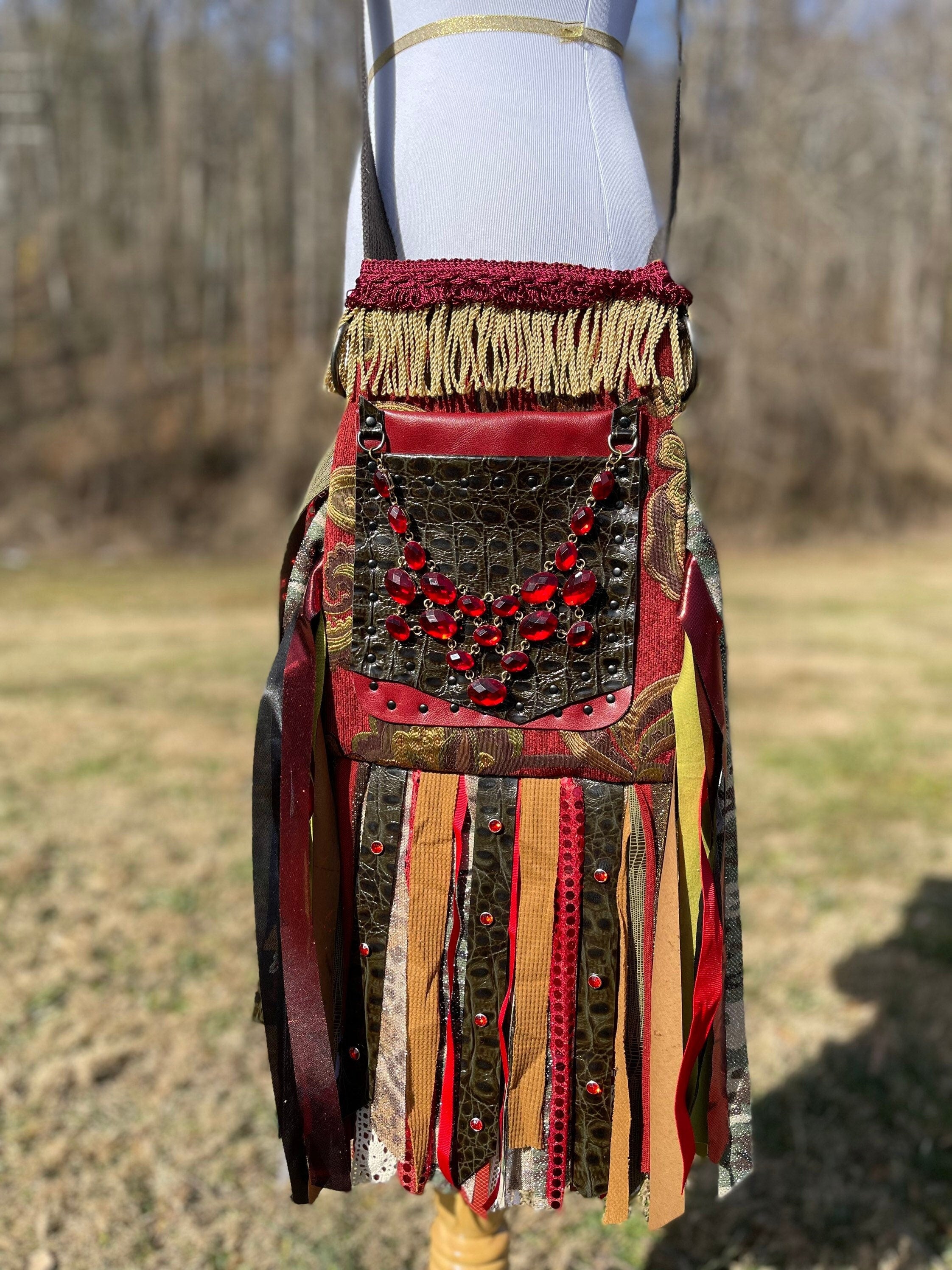 Red and Green Fringe Purse, Ultimate GYPSY Purse, Festival Fringe Bag, Hippie Handbag, Boho Chic Crossbody Messenger, Embellished purse