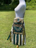 Load image into Gallery viewer, Teal and Green Goddess Bag, Ultimate Festival Fringe Bag, A Hippie Handbag with Boho Chic Embellishments.