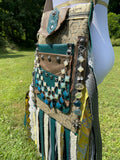 Load image into Gallery viewer, Teal and Green Goddess Bag, Ultimate Festival Fringe Bag, A Hippie Handbag with Boho Chic Embellishments.