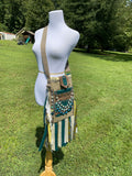 Load image into Gallery viewer, Teal and Green Goddess Bag, Ultimate Festival Fringe Bag, A Hippie Handbag with Boho Chic Embellishments.