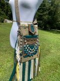 Load image into Gallery viewer, Teal and Green Goddess Bag, Ultimate Festival Fringe Bag, A Hippie Handbag with Boho Chic Embellishments.