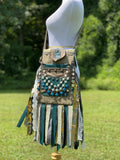 Load image into Gallery viewer, Teal and Green Goddess Bag, Ultimate Festival Fringe Bag, A Hippie Handbag with Boho Chic Embellishments.