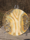 Load image into Gallery viewer, Gold Glass and Glitter Resin Geode, Agate Slice, bohemian art , witchy vibes, glass geode table art