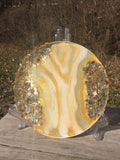 Load image into Gallery viewer, Gold Glass and Glitter Resin Geode, Agate Slice, bohemian art , witchy vibes, glass geode table art