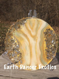 Load image into Gallery viewer, Gold Glass and Glitter Resin Geode, Agate Slice, bohemian art , witchy vibes, glass geode table art