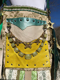 Load image into Gallery viewer, Green Star Bag, The MINI GYPSY Purse, Festival Fringe Bag, Hippie Handbag, Boho Carpet Bag, Crossbody Messenger, Embellished purse