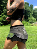 Load image into Gallery viewer, Black &amp; Silver Leather Applique Corset Belt, Leather Utility Belt, Burning Man Skirt, Steampunk costume, Rave Costume, Mad Max