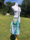 Load image into Gallery viewer, Aqua Water Goddess Purse, Ultimate GYPSY Purse, Festival Fringe Bag, Hippie Handbag, Boho Chic bag, Carpet Bag, Crossbody Messenger Bag