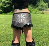 Load image into Gallery viewer, Black &amp; Silver Leather Applique Corset Belt, Leather Utility Belt, Burning Man Skirt, Steampunk costume, Rave Costume, Mad Max