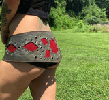 Load image into Gallery viewer, Leather Applique Corset Belt, Leather Utility Belt, Burning Man Costume, Steampunk Belt, Rave Costume, Mad Max