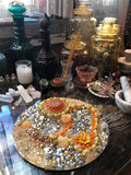 Load image into Gallery viewer, Crackled Orange Quartz and Yellow Calcite Rhinestone geode Mirror, Crystal Resin table art, Witch altarpiece