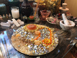 Load image into Gallery viewer, Crackled Orange Quartz and Yellow Calcite Rhinestone geode Mirror, Crystal Resin table art, Witch altarpiece