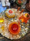 Load image into Gallery viewer, Citrine and Rhinestone geode Mirror, Crystal Resin table art, Witch altarpiece, Table Centerpiece