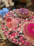 Load image into Gallery viewer, Rose Quartz and Rhinestone geode Mirror, Crystal Resin table art, Witch altarpiece, table centerpiece