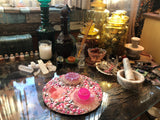 Load image into Gallery viewer, Rose Quartz and Rhinestone geode Mirror, Crystal Resin table art, Witch altarpiece, table centerpiece