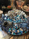 Load image into Gallery viewer, Lapis Lazuli and Blue Calcite Rhinestone Mirror, Crystal Resin table art, Witch altarpiece, Geode Table centerpiece