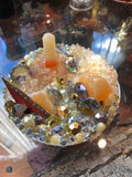 Load image into Gallery viewer, Crackled Orange Quartz and Rhinestone Mirror, Crystal Resin table art, Witch altarpiece, Geode Table Accent