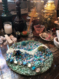 Load image into Gallery viewer, Green Aventurine and Amazonite, Rhinestone Geode Mirror, Crystal Gemstone table art, Witch altarpiece, Table Centerpiece