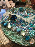 Load image into Gallery viewer, Green Aventurine and Amazonite, Rhinestone Geode Mirror, Crystal Gemstone table art, Witch altarpiece, Table Centerpiece
