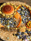 Load image into Gallery viewer, Crackled Orange Quartz and Yellow Calcite Rhinestone geode Mirror, Crystal Resin table art, Witch altarpiece