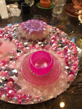 Load image into Gallery viewer, Rose Quartz and Rhinestone geode Mirror, Crystal Resin table art, Witch altarpiece, table centerpiece